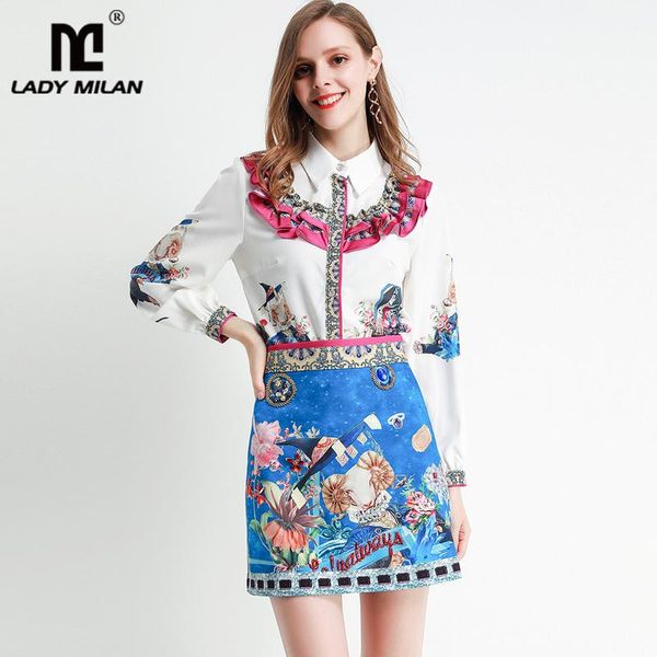 

two piece dress women's runway twinsets turn down collar long sleeves ruffles printed shirt with short skirt set suit, White
