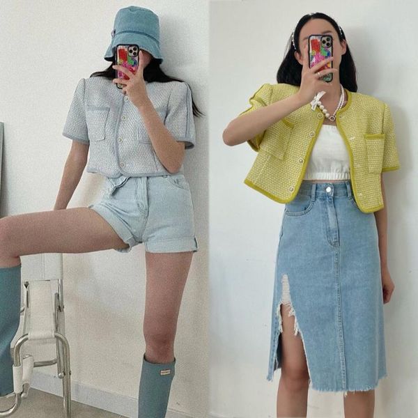 

women's jackets fashion small fragrance wind solid color round collar button short sleeve age reduction jacket women, Black;brown