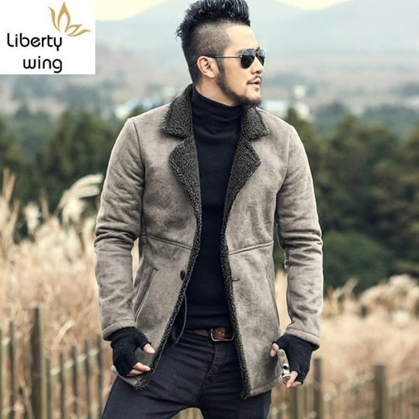 

men's fur & faux luxury coats casual single breasted pocket outerwear mens winter thick warm fleece lining coat s-2xl, Black