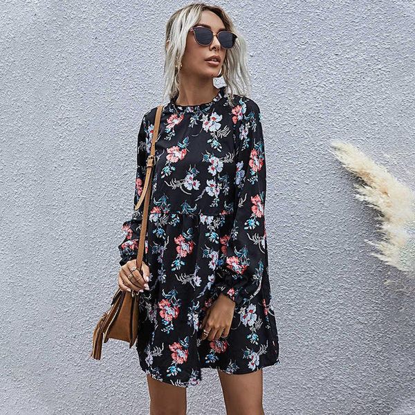 

casual dresses 2021 autumn fashion floral women full sleeve high waist loose print dress, Black;gray
