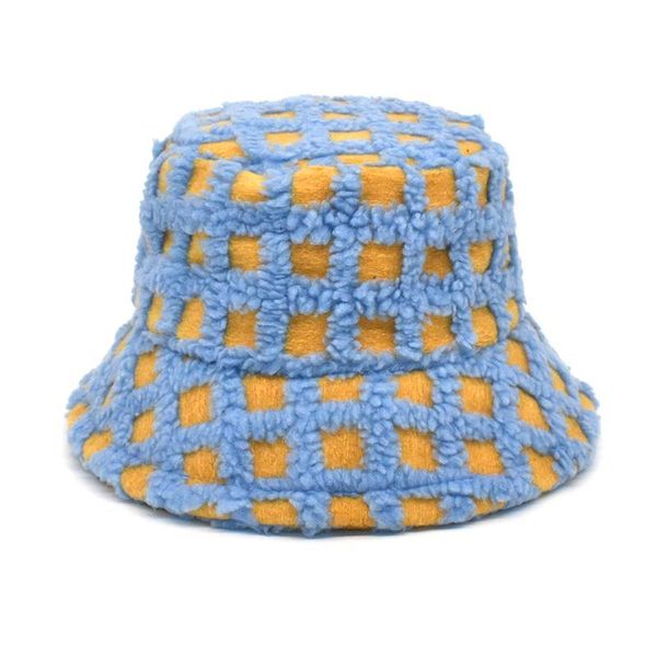 

wide brim hats 2021 lamb faux fur bucket hat fluffy winter warm thicken women panama outdoor patchwork plaid check fisherman cap for female, Blue;gray
