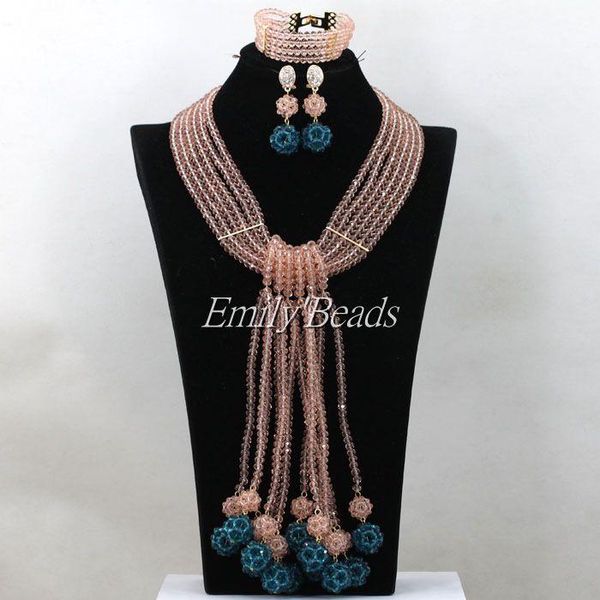 

earrings & necklace elegant peach/teal blue nigerian african wedding beads jewelry set traditional bridal aij985, Silver