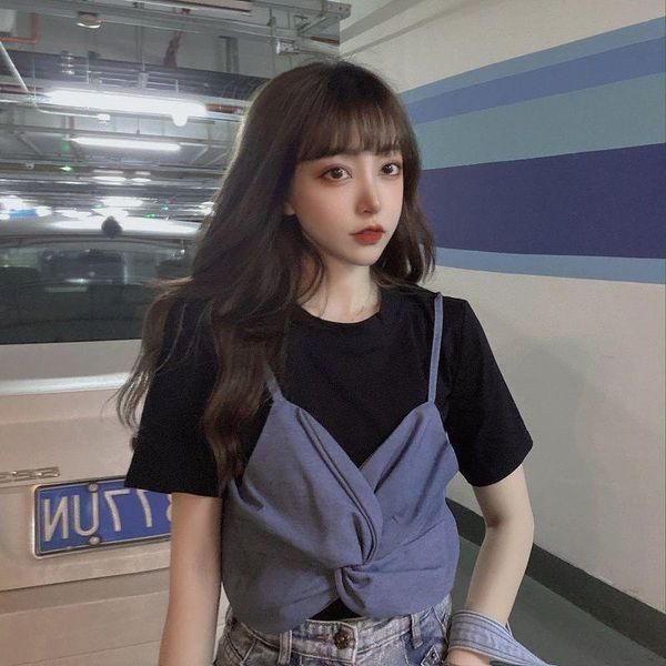 

women's t-shirt summer fake two design short sleeve for korean women, White