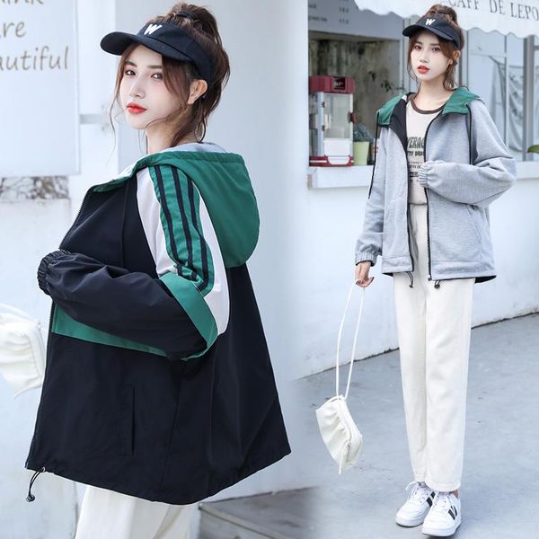 

2021 new jackets women plaid hooded autumn outwear coats casual ins loose streetwear bomber jacket plus size, Black;brown