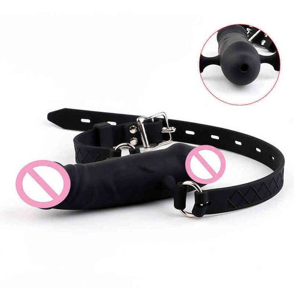 Nxy SM Bondage Bocca Bavaglio Dildo Fissaggio orale Strap on Sex Toys Spina per pene Silicone Doppio attacco Dildo Imbracatura in pelle per coppia Donna 1220