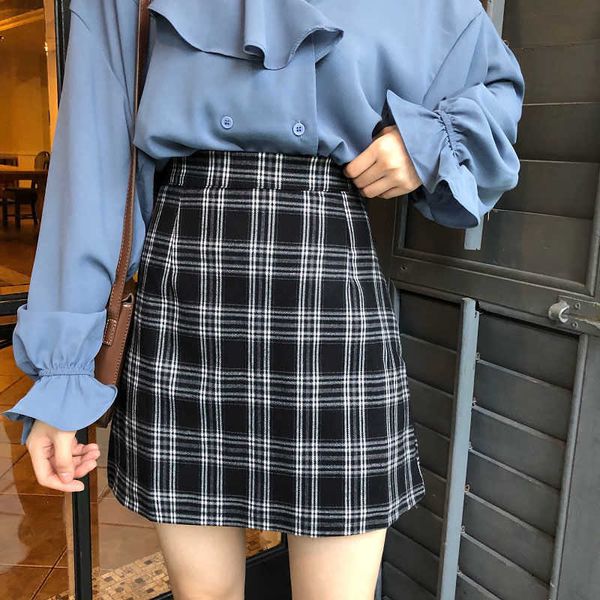 Vintage Frauen Retro Plaid Rock Hohe Taille Druck Minirock Koreanische Mode Harajuku Büro Dame Party Mid-länge Sexy Röcke 210712