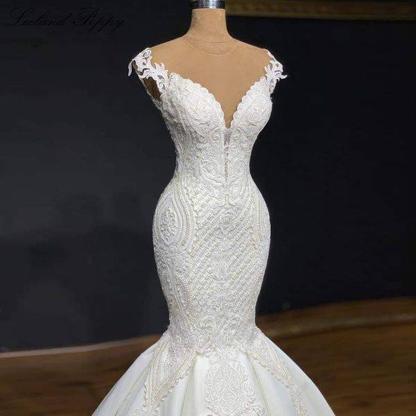 

beading new luxury mermaid wedding es 2021 lace appliques sleeveless bridal gowns sweep train vestido de mariee customed s0q8, White