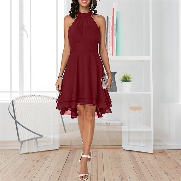 

summer womens solid chiffon dress sleeveless cropped halter party dresses casual plus size o-neck knee-length dresses, Black;gray