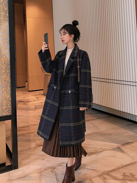 

women's long woolen coat winter plus size cotton warm new fashion wool jacket turn down collar female xs-4xl, Black