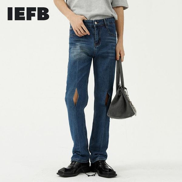 

men's jeans iefb korean casual pants with holes leg vintage streetwaer fashion straight denim trousers trend long 9y8569, Blue