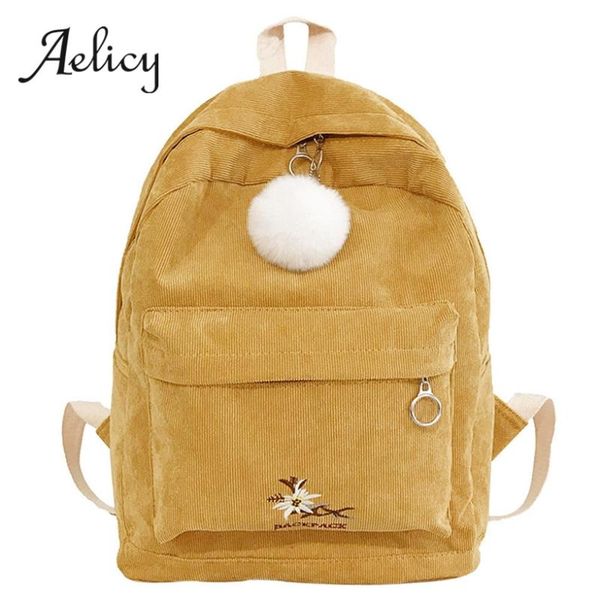 

backpack aelicy 2021 corduroy women pure color travel bag cute hairball female mochila bagpack pack design