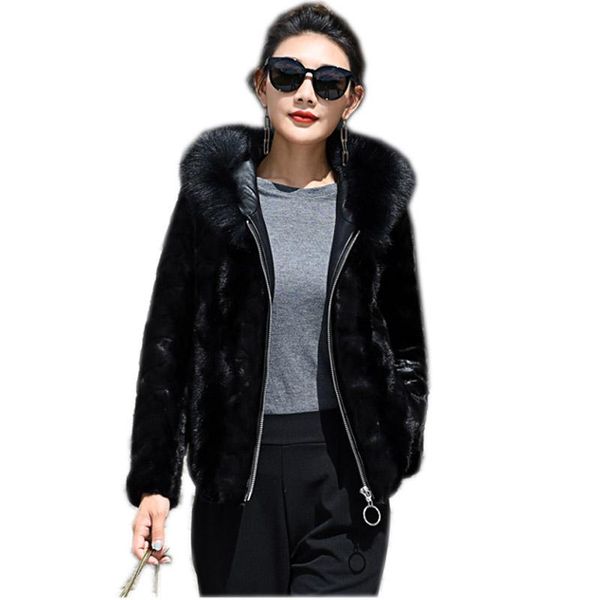 

women's fur & faux harppihop* style coat, black long-sleeve fashion jacket, winter hooded mink coat,slim short coat