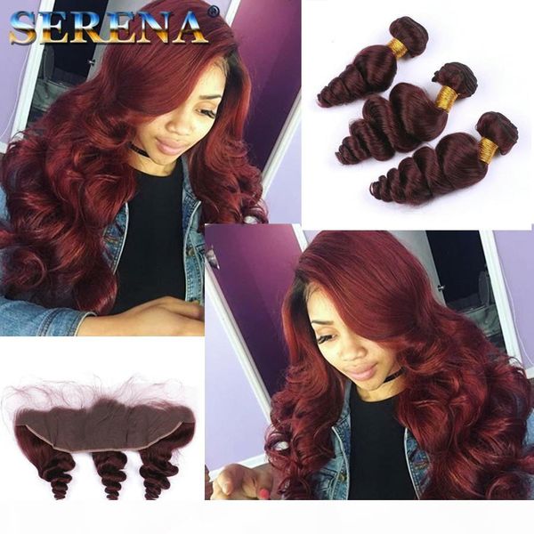 

brazilian loose wave virgin hair burgundy 4 bundles with 13x4 lace frontal wine red #99j human hair with closure 5pcs lot burgundy hair, Black;brown