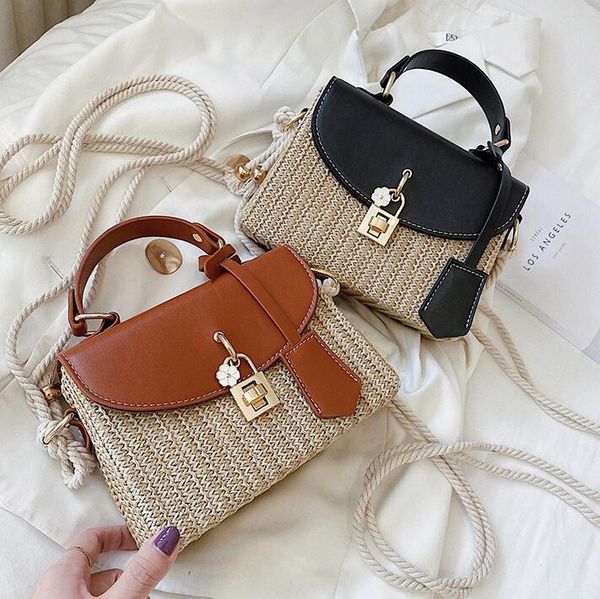 

factory wholesale women handbag fashion woven bag summer straw womens beach bags sweet contrast color flower buckle fashions messenger handb, Black;red