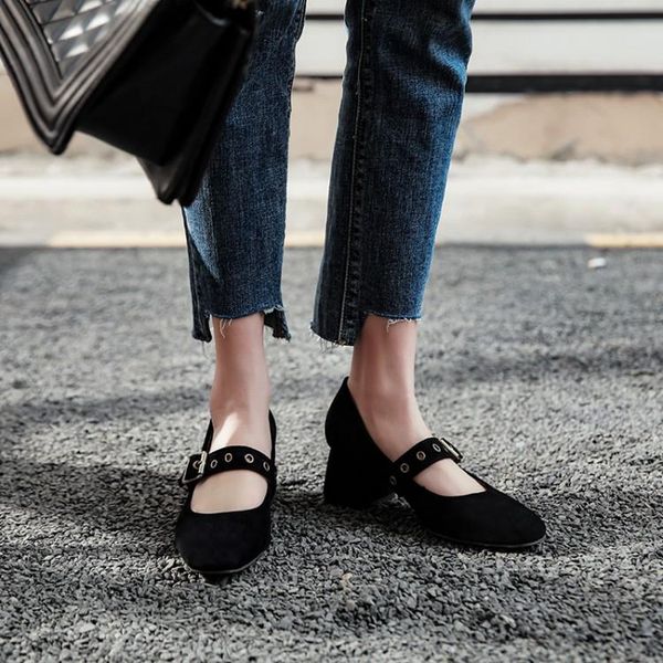 

dress shoes big size 9  11 12 ladies high heels women woman pumps square-headed heavy-heeled single, Black