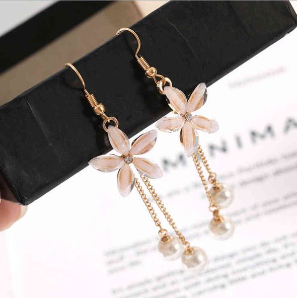 

charms ear stud clip rings 2021 hook flower long pearl tassel japan and south korea net red star same female, Golden