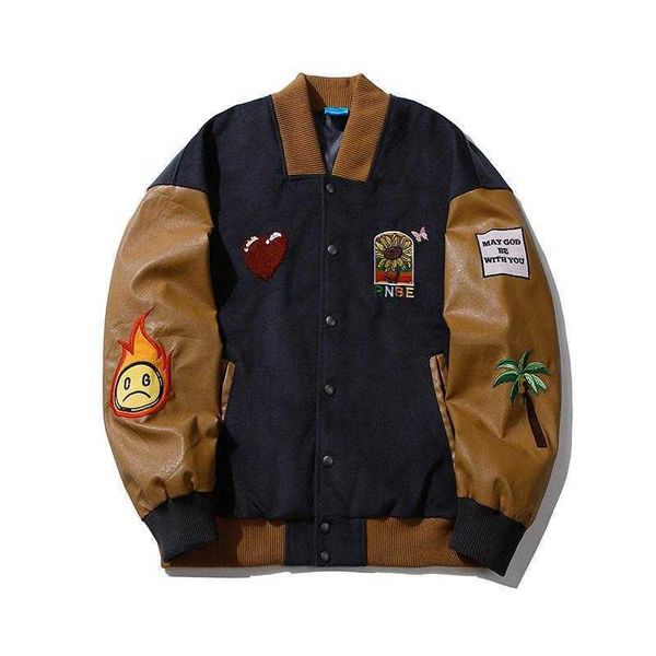 

men's jackets jacket for men street hip hop cartoon color matching pu leather sleeve baseball coat harajuku style autumn loose outerwea, Black;brown