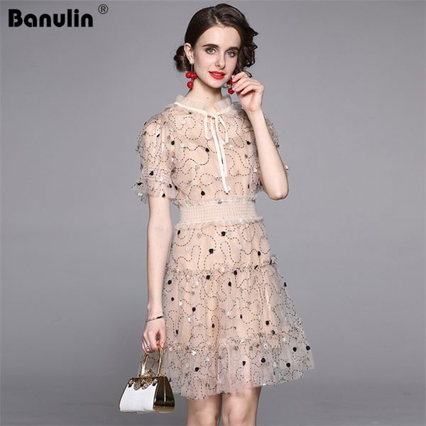 

banulin elegant mesh flower embroidery party short dress women's fashion runway summer sleeve sweet dresses vestdios 210603, Black;gray