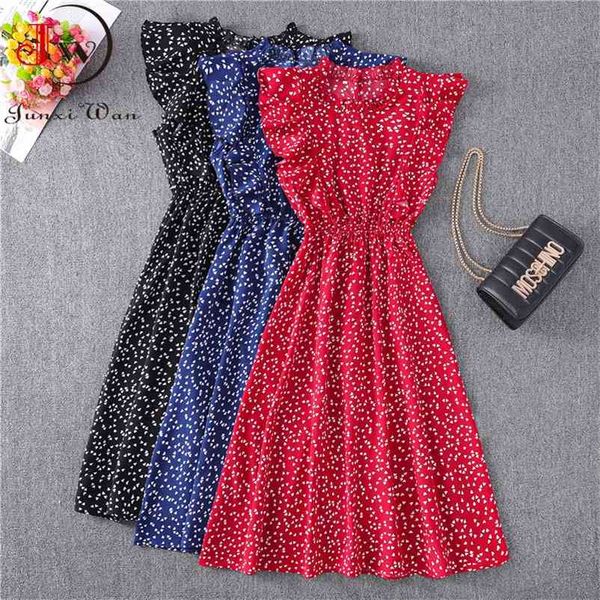 Mulheres verão bolinhas chiffon vestido de manga curta festa doce slim a linha casual cintura elástica elegante vestidos midi vestidos robe femme 210719