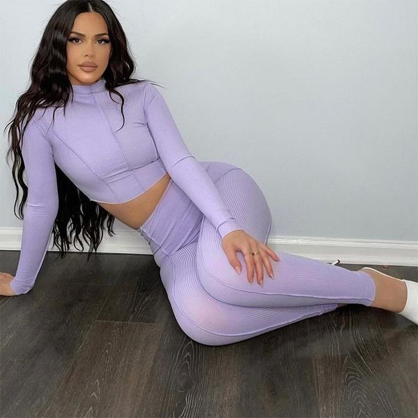 

women's two piece pants women suit long sleeve round neck wrapped cropped high waist jogger tight autumn solid sets, White