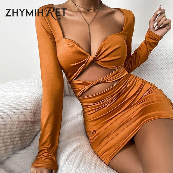 

casual dresses zhymihret wrap hollow out ruched dress for women 2021 autumn v neck long sleeve party night bodycon female, Black;gray