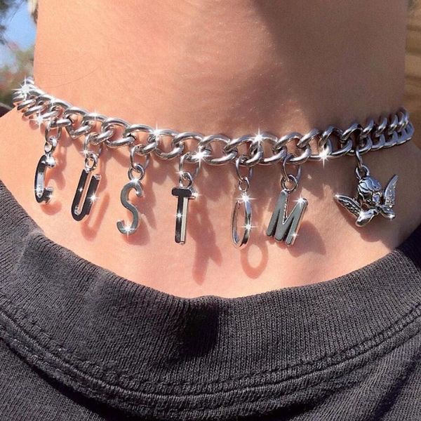 

pendant necklaces letter angel choker necklace custom letters available cute chain egirl tumblr soft grunge style dropship, Silver