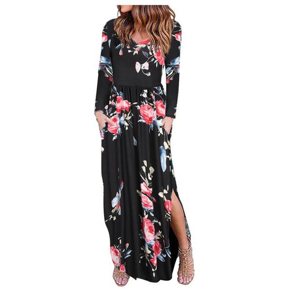 

casual dresses elegant lace-up dress summer fashion flower print long sleeve party women v neck loose maxi mujer, Black;gray