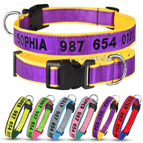 Bordado ID Nome Tag Personalizado Colares para Cães Grandes raças Pet Collar Endereço Tags para cães personalizados nylon 210712