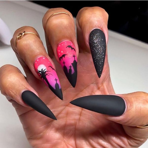 

false nails 24pcs detachable halloween long style full cover fake diy press on coffin ballerina stiletto nail tip, Red;gold
