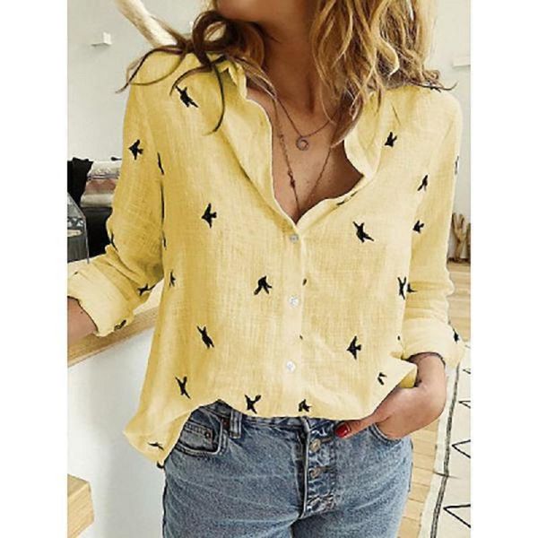 

women's blouses & shirts women blouse autumn leisure white bird print loose long sleeve cotton linen shirt office ladies pink black blu