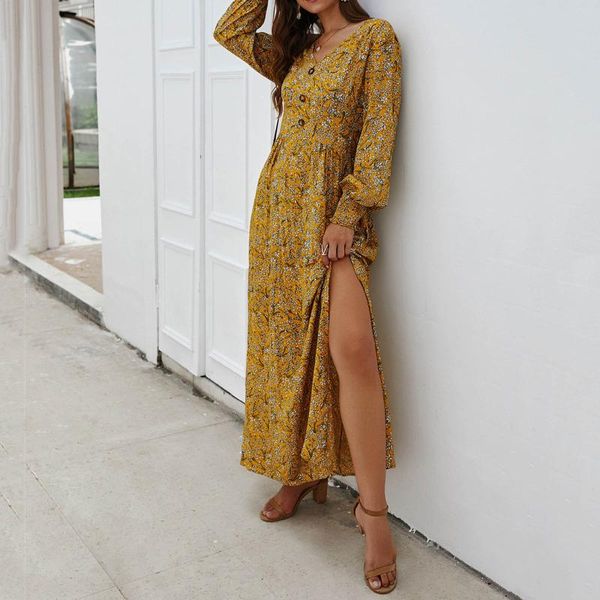 

casual dresses women high waist ruffles floral printed 2021 summer long sleeve v-neck chiffon dress female vestido, Black;gray