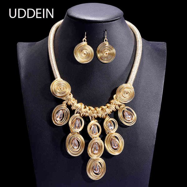 

jewelry sets uddein handmade metal wind polyester chain crystal gold necklace & pendant party vintage african earrings set, Black