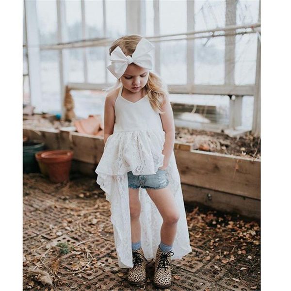 

summer 2pcs lace dress set 1-6t kid girl clothes neck strap tie up backless dress short jeans for girl children clothing, White