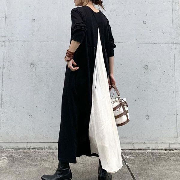 

casual dresses japanese minimalist long sleeve dress fashion patchwork black white korean one piece vestido women autumn winter maxi, Black;gray