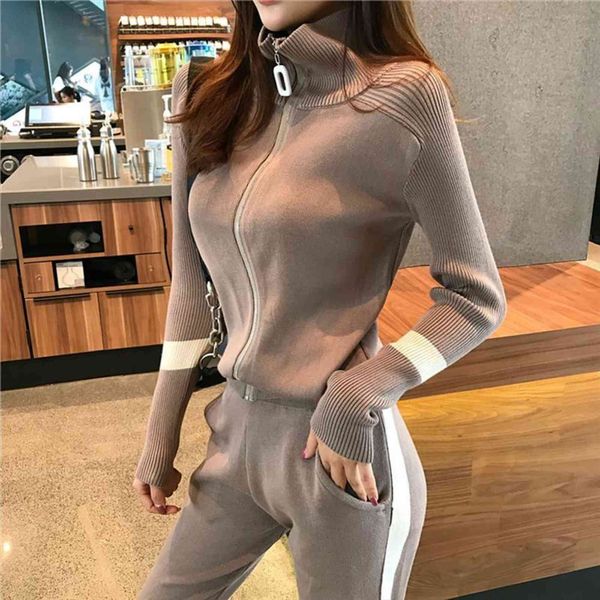 

s knitting tracksuits turtleneck zipper womens pants jacket coat and pocket pencil set sweater two piece sets for woman, White