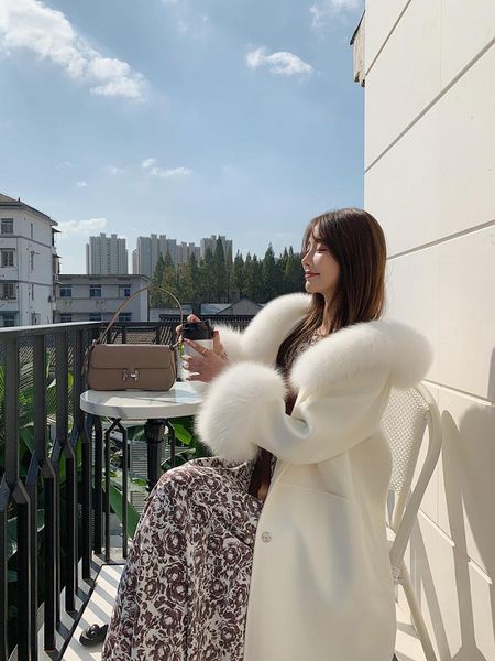

women's wool & blends european and american high-end long-sleeved natural fur coats double-sided woolen jackets outerwear, Black