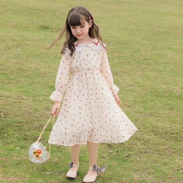 

girl's dresses girls summer chiffon for kids long puff sleeve floral printed dress cute teens children spring clothes 2021, Red;yellow