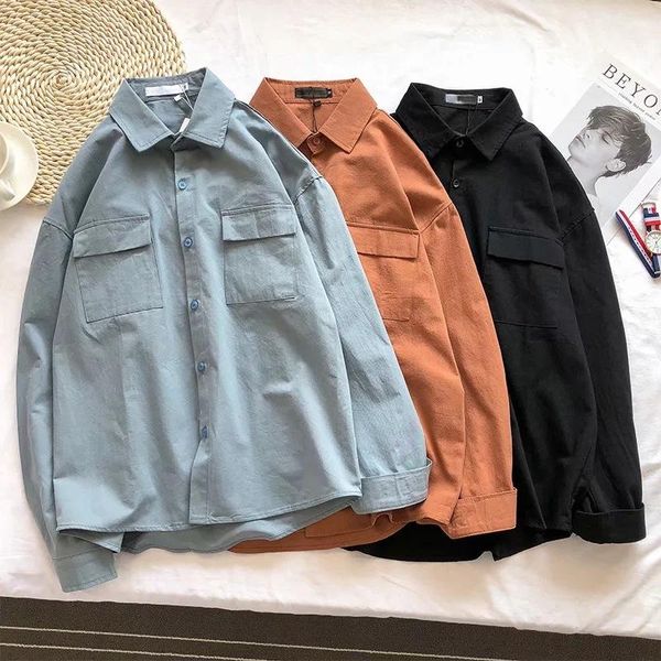 

men's casual shirts 2021 japanese fashion long sleeve shirt pure color button up loose spring fall mens harujuku vintage clothing, White;black