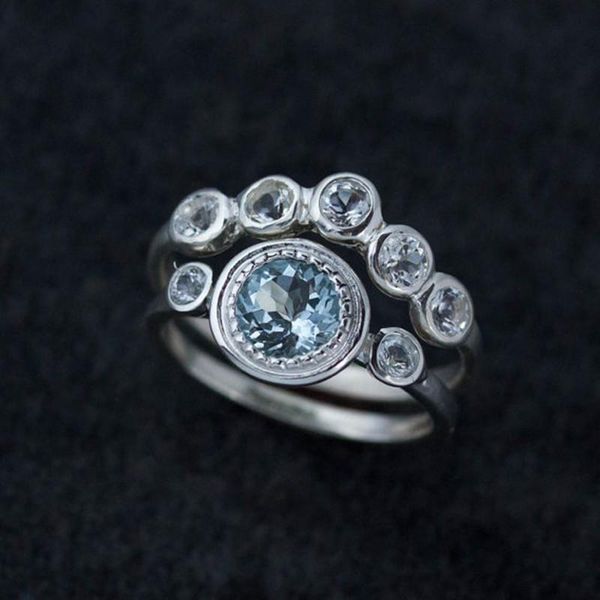 

wedding rings 2021 vintage blue zircon set for women jewelry accessories bridal engagement band gift girl fashion, Slivery;golden