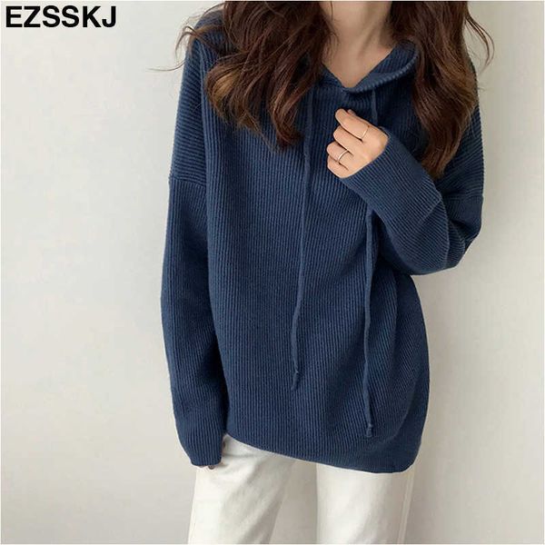 

long sleeve oversize women sweater khaki thick hooded sweater pullover winter warm female soft long knitted sweaters jumper t200910, White;black