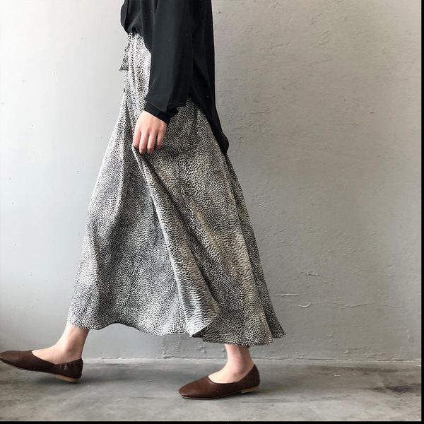 

silk satin long midi women skirt leopard high waist women ankle length skirt autumn elegant highstreet a line skirts, Black