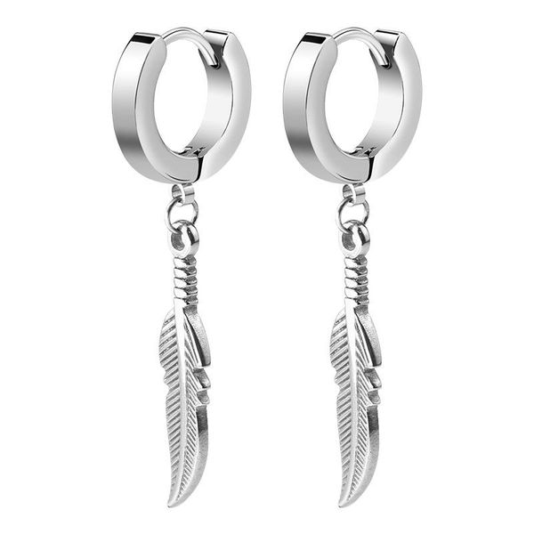 

hoop & huggie korean fashion earrings stainless steel men women leaf feather idol rock hipster punk jewelry, Golden;silver