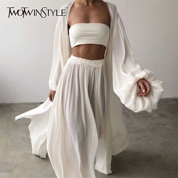 

twotwinstyle white three piece set for women slim vest lantern sleeve coat wide leg pants loose sets female fashion 210819