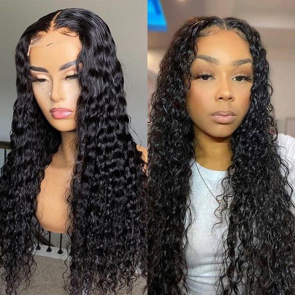 

lace wigs wigirl deep wave 13x4 front human hair curly brazilian long 28 30 inches water frontal wig for black women, Black;brown