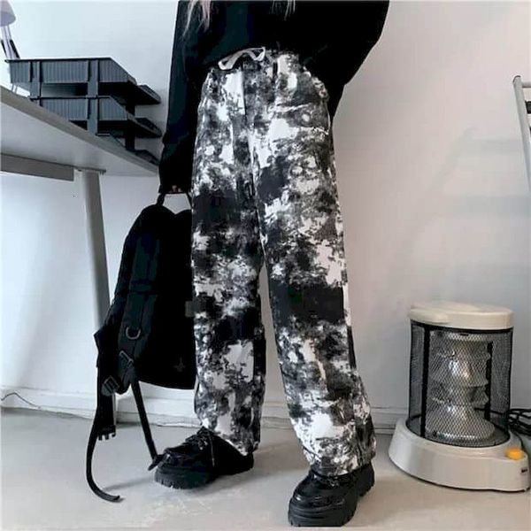 

casual women's 2021 new korean version retro tie-dye in a straight line pants loose bf long legged trousers high waist trend a7by, Black;white