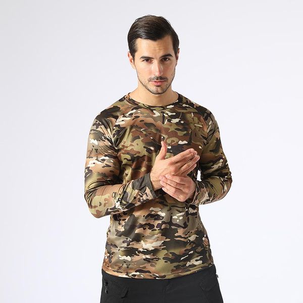 

men's t-shirts brand autumn men camouflage t-shirt round neck long sleeve casual style fitting base shirt for outdoor quick dry clothes, White;black