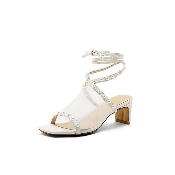 

sandals summer fashion casual ladies white high heels pearl mesh breathable women's shoes high-quality leather handmade, Black