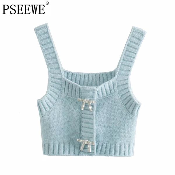 

blue cropped new knitted sweater women 2021 wide straps sleeveless vest woman fashion rhinestone buttons tank ua4k wzml, White;black