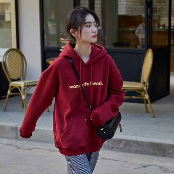

women's hoodies & sweatshirts 2021 autumn winter fleece sweatshirt women casual letter loose warm hooded outdoor clothes, Black