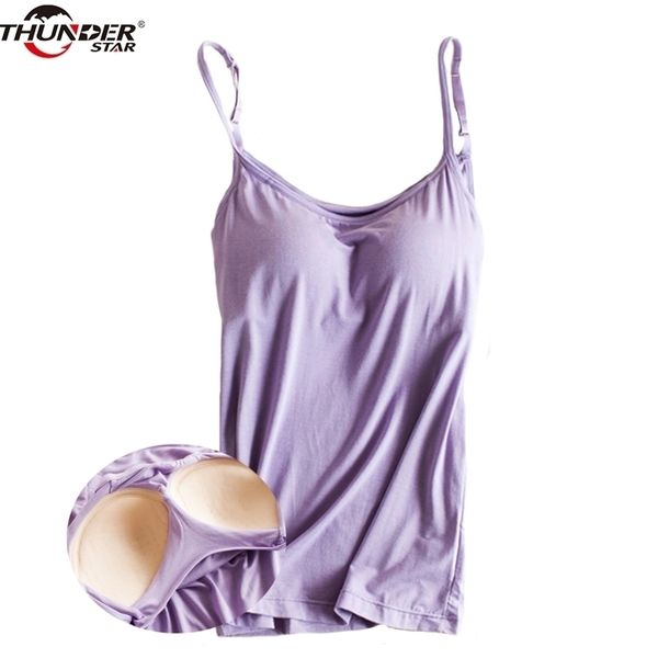 Camisola de tanque de sutiã acolchoado Mulheres Modal Spaghetti Strap Camisole com Construído em Bra Sólida Cami Top Feminino Tops Vest Fitness Roupas 210625